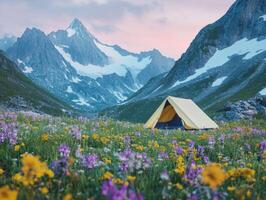 Stunning campsite surrounded by colorful wildflowers and mountains photo