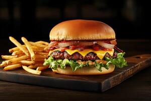 Juicy burger with crispy fries on a wooden board in restaurant photo