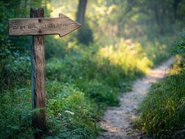 Wooden sign directing to hiking path in a lush forest photo