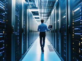 Data center technician managing servers in a high-tech environment photo