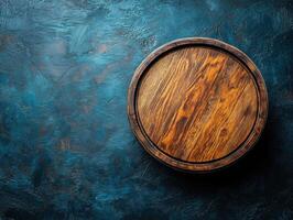 Round wooden barrel resting on a textured blue surface photo