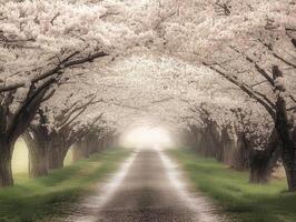 Blossoming cherry trees create a serene pathway in springtime photo