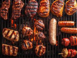Grilling meat assortment over charcoal at outdoor barbecue party photo