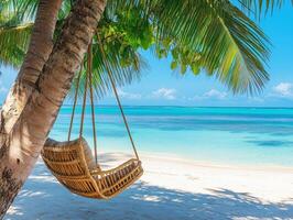 Relaxing swing under palm trees by the tranquil beach photo
