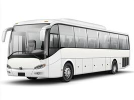 Modern white coach bus parked in urban environment with clear skies photo