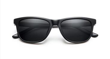 Stylish black sunglasses with dark lenses on a white background photo