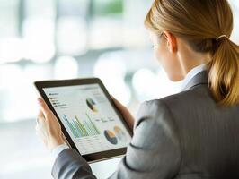 Professional woman analyzing data on tablet in modern office photo
