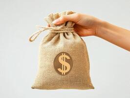 Hand holding a burlap sack with a dollar symbol indoors photo