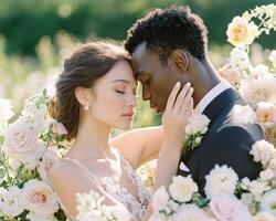 Couple shares an intimate moment surrounded by blooming flowers photo