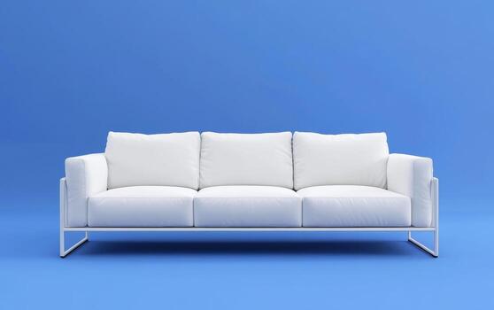 Modern white sofa on blue background in contemporary design setting photo