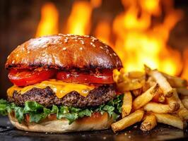 Juicy burger with cheddar cheese and fries surrounded by flames photo
