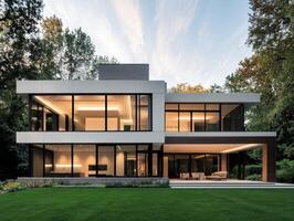 Modern house surrounded by nature in the late afternoon light photo
