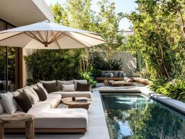 Luxurious outdoor living space with pool and relaxation area photo