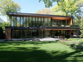 Modern house with large windows amidst greenery on a sunny day photo