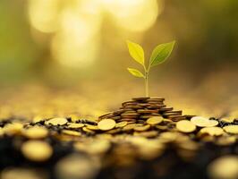 Growth of a plant on a pile of coins in sunlight photo