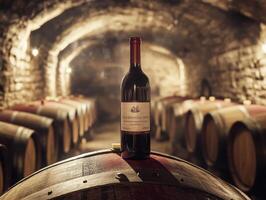 Elegant wine bottle on a barrel in a rustic cellar photo