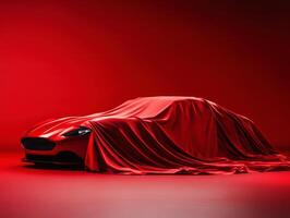 Exciting car reveal under a red velvet cover in a studio setting photo
