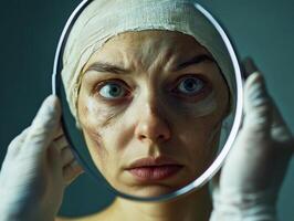 Surgeon prepares patient for facial procedure under bright lights photo