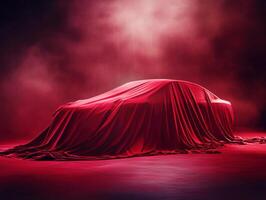 Luxury car covered with red cloth in a dramatic setup photo