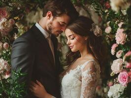 Romantic couple embracing in floral archway during wedding ceremony photo