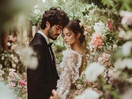 Couple embraces in a romantic garden setting during golden hour photo