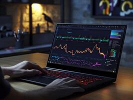 Analyzing data trends on a laptop in a modern workspace photo