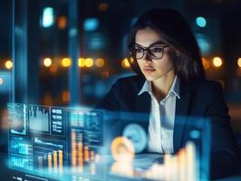 Professional woman analyzing data at night in an office photo