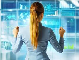 Businesswoman interacts with digital data displays in modern office photo