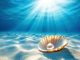 Pearl resting in an open shell on the ocean floor photo