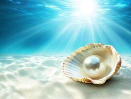 Beautiful pearl resting in a shell on the ocean floor photo