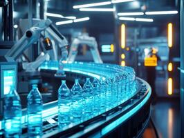 Robotic assembly line in a modern water bottle factory photo