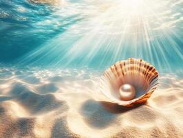 Pearl nestled in a seashell on the sandy ocean floor photo