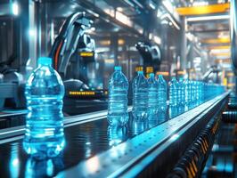 Bottled water moving along a conveyor belt in a factory photo