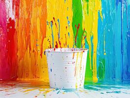 Bright colors splash from a paint bucket against a vibrant wall photo