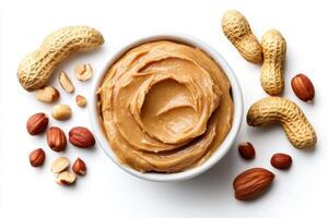 Creamy peanut butter with various nuts arranged on a white surface photo