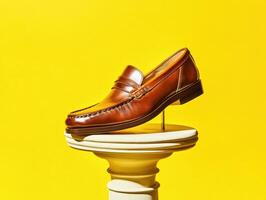 Brown leather shoe on a pedestal with a yellow backdrop photo