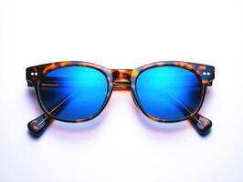 Stylish sunglasses with blue lenses on a clean surface photo