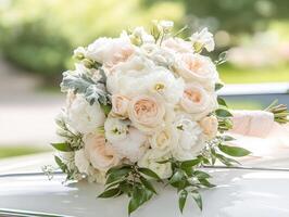 Floral bouquet arrangement on a wedding day in a garden setting photo