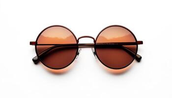 Stylish round sunglasses with brown lenses on white surface photo