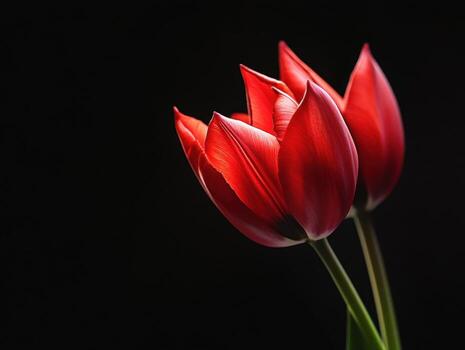 Bright red tulips illuminated against a dark background photo