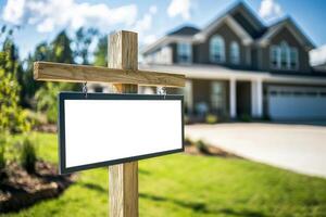 Signboard in front of a modern house on a sunny day photo