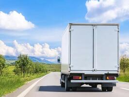 Delivery truck traveling on a scenic road in a rural area photo