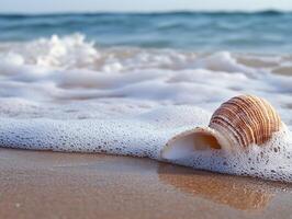Seashell resting peacefully on a sandy beach at low tide photo
