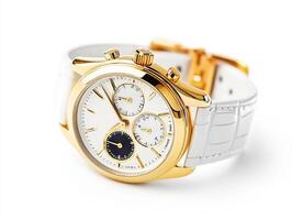 Elegant gold watch with white strap on display photo