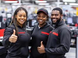 Team members celebrate success in a busy warehouse setting photo