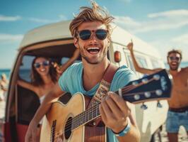 Musicians enjoying a beach party with friends at sunset photo