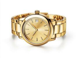 Elegant gold watch with shiny bracelet on white background photo