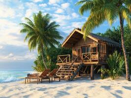 Tropical beach house with palm trees by the ocean at sunset photo
