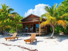 Serene beach house with wooden deck surrounded by palm trees photo