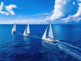 Sailboats gliding across azure ocean waves under bright blue skies photo